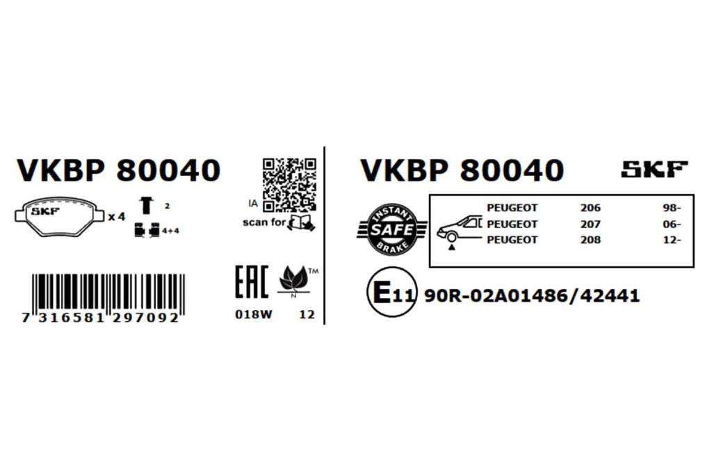 Jeu de 4 plaquettes de frein SKF ref. VKBP 80040